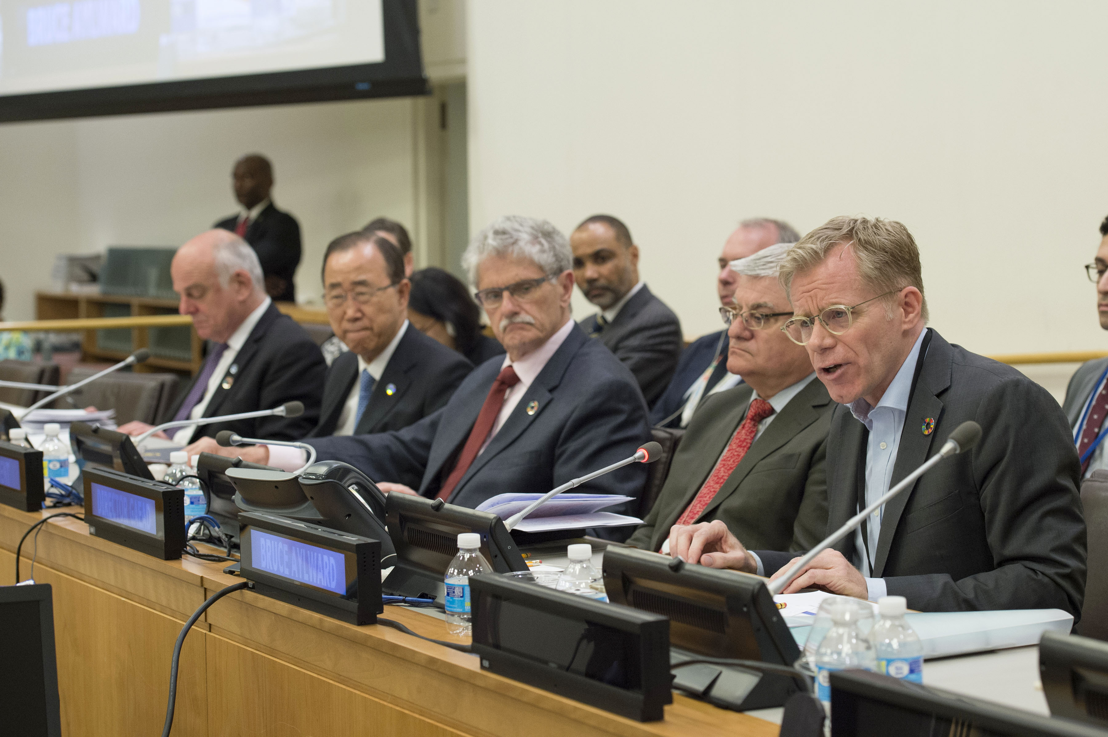 Dr. Bruce Aylward, right, speaks in June 2016 at a briefing to the United Nations General Assembly on the report from U.N. Secretary-General Ban Ki-moon, second from left, on strengthening the global health system. “The Ebola outbreak really brought new urgency to long-needed reform and improvements, not just within WHO and not just within its member states, but also within the whole international architecture,” Aylward told Army AL&T. (U.N. photo by Eskinder Debebe)