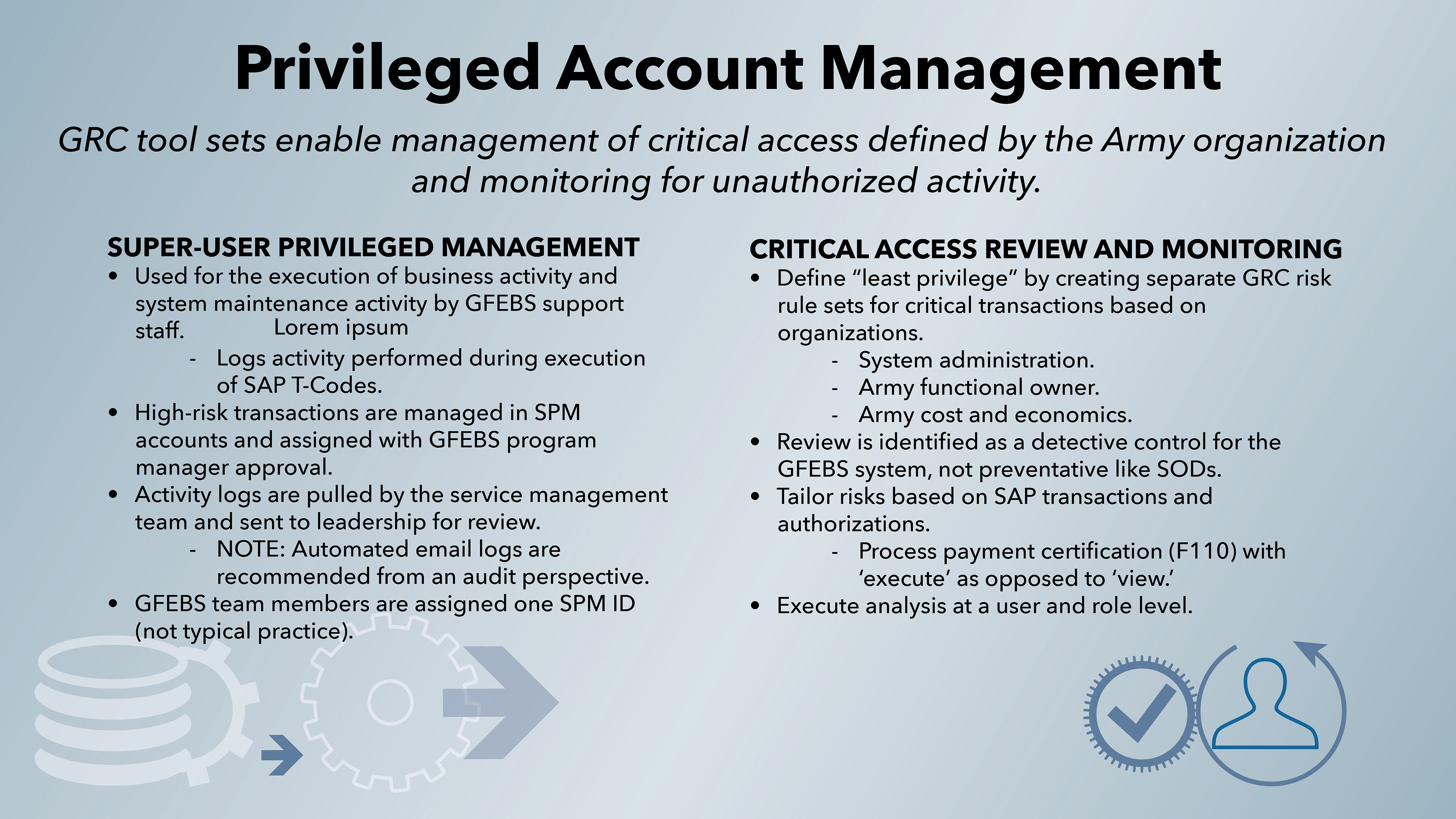 Elevated access privileges provide users with system monitoring access as well as capabilities to investigate, analyze and remedy critical and high-risk problems. Their actions are tracked, stored, monitored and reviewed, and such privileges are limited to a very small number of users in the PMO staff.