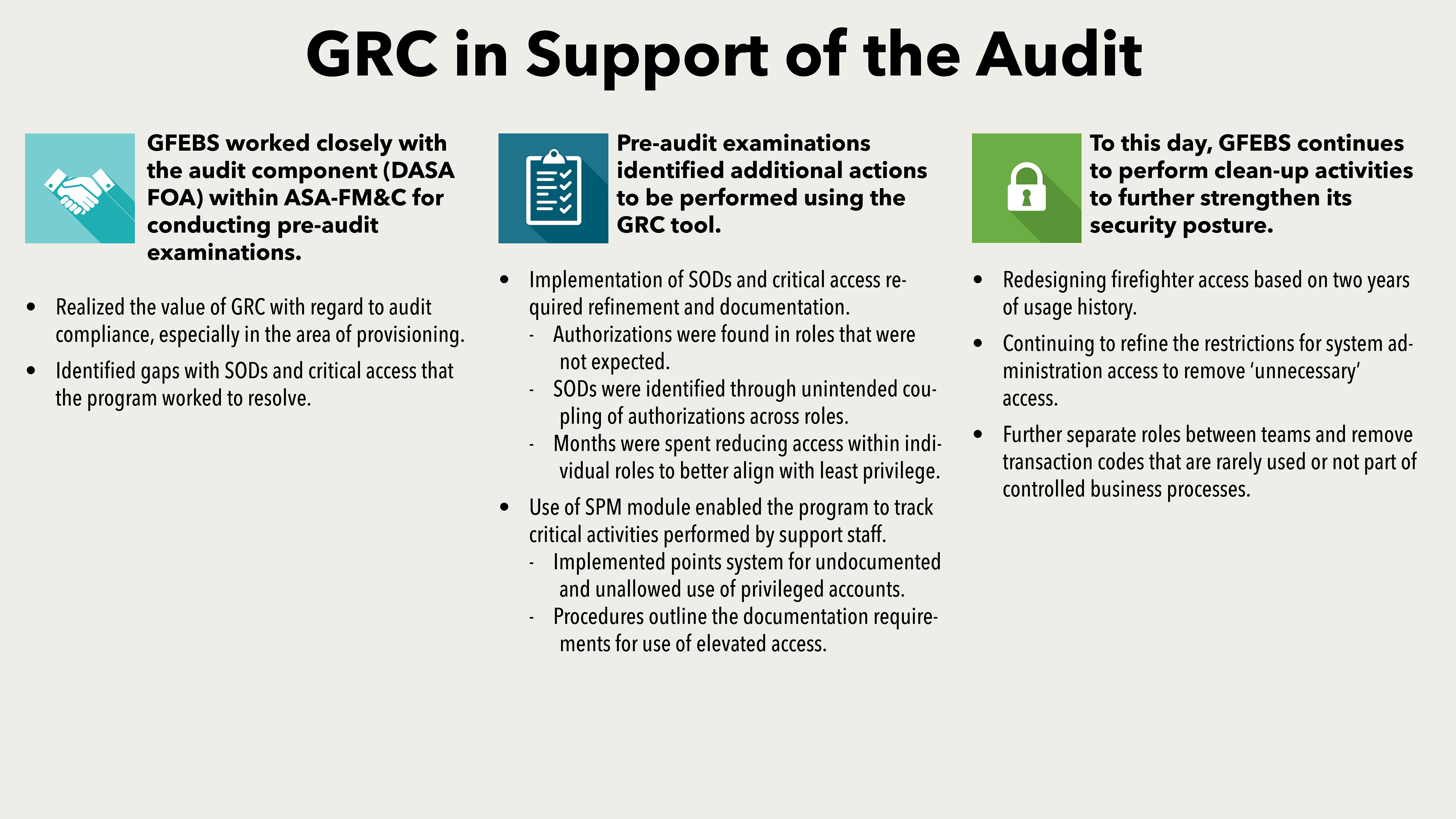 The GFEBS PMO is working closely with DASA(FOA), the assistant secretary of the Army for financial management, the system integrator and Army commands to support the FY18 audit, and continues to take steps to strengthen the system’s security posture.