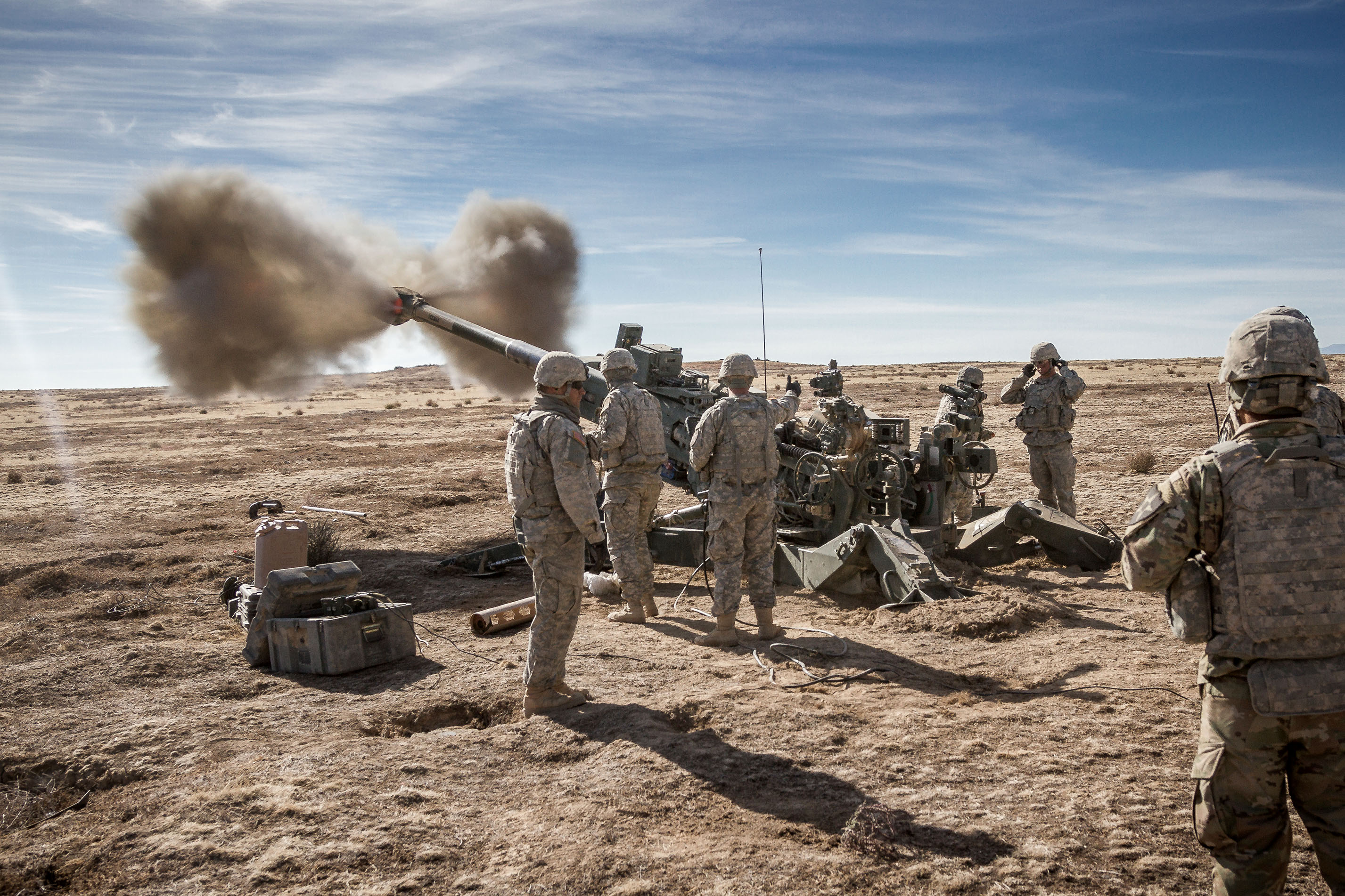 Soldiers assigned to 2nd Infantry Division Artillery, 7th Infantry Division (ID) fire an M777 155 mm howitzer at Orchard Combat Training Center, Idaho, in October 2016. They were part of a group of more than 1,000 7th ID Soldiers participating in Raptor Fury, a training exercise to validate the 16th Combat Aviation Brigade's mission readiness. PEO Ammunition is exploring several new ammunition capabilities that will improve the lethality of 155 mm artillery while minimizing its impact on friendly troops and noncombatants. (Photo by Capt. Brian Harris, 16th Combat Aviation Brigade)
