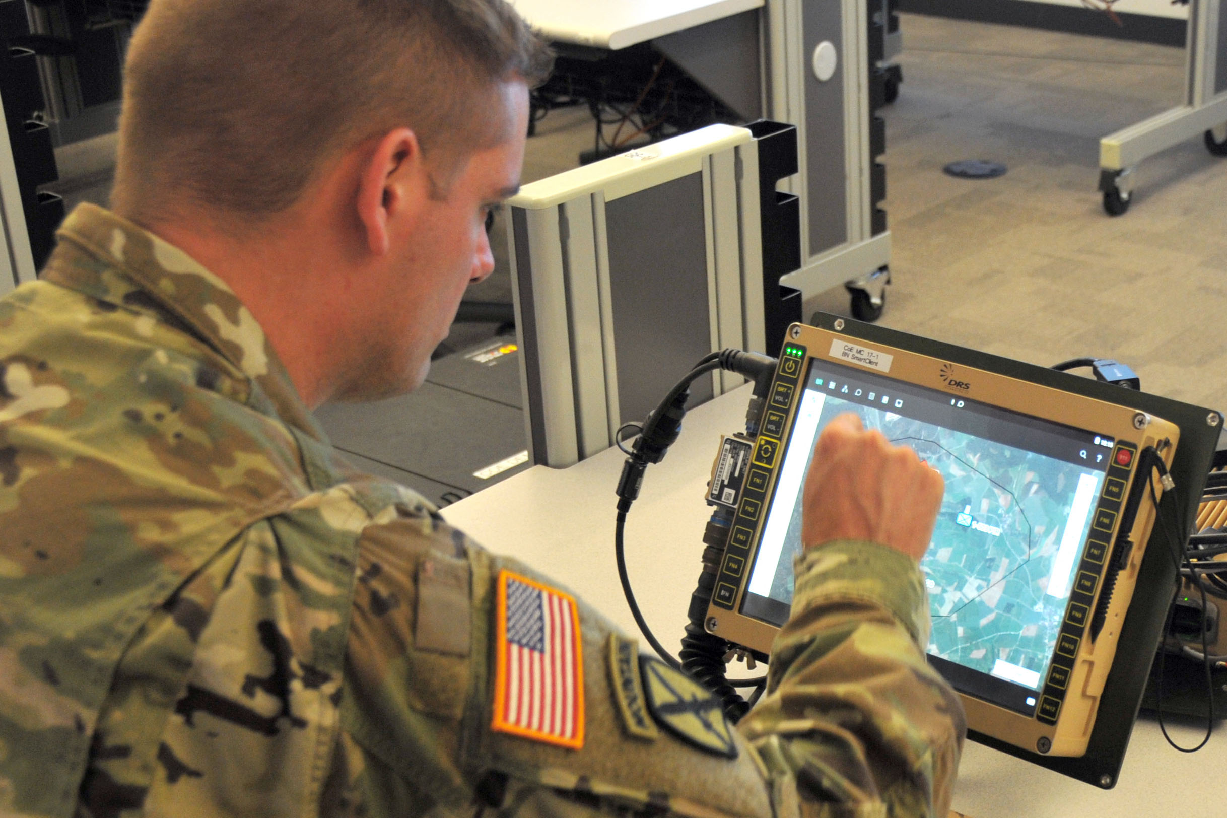 Capt. John (Mack) Turner demonstrates the Command Post Computing Environment prototype at Aberdeen Proving Ground, Maryland, on May 16, 2017. (Photo Credit: Dan Lafontaine (PEO C3T Public Affairs))