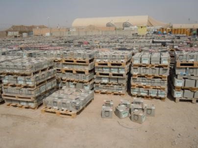 A battery disposal yard at Kandahar Airfield, Afghanistan. In fiscal 2016, more than 373,000 vehicle batteries were replace at a cost of more than $80 million to DOD. (U.S. Army photo by Chip Herrell, AMSAA)