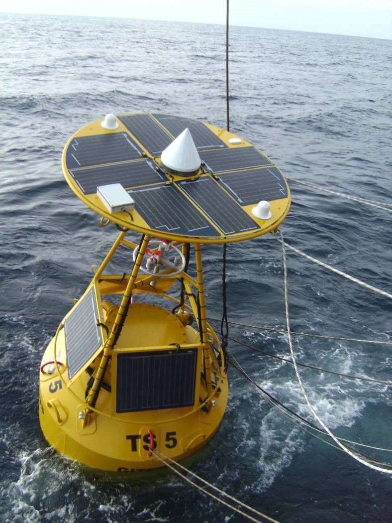 A buoy equipped with solar panels monitors for tsunamis in the Indian Ocean. Solar panels today are lighter and more efficient than previous generations of the technology, requiring fewer panels to generate a given amount of electricity. (Photo courtesy of SOLARA)