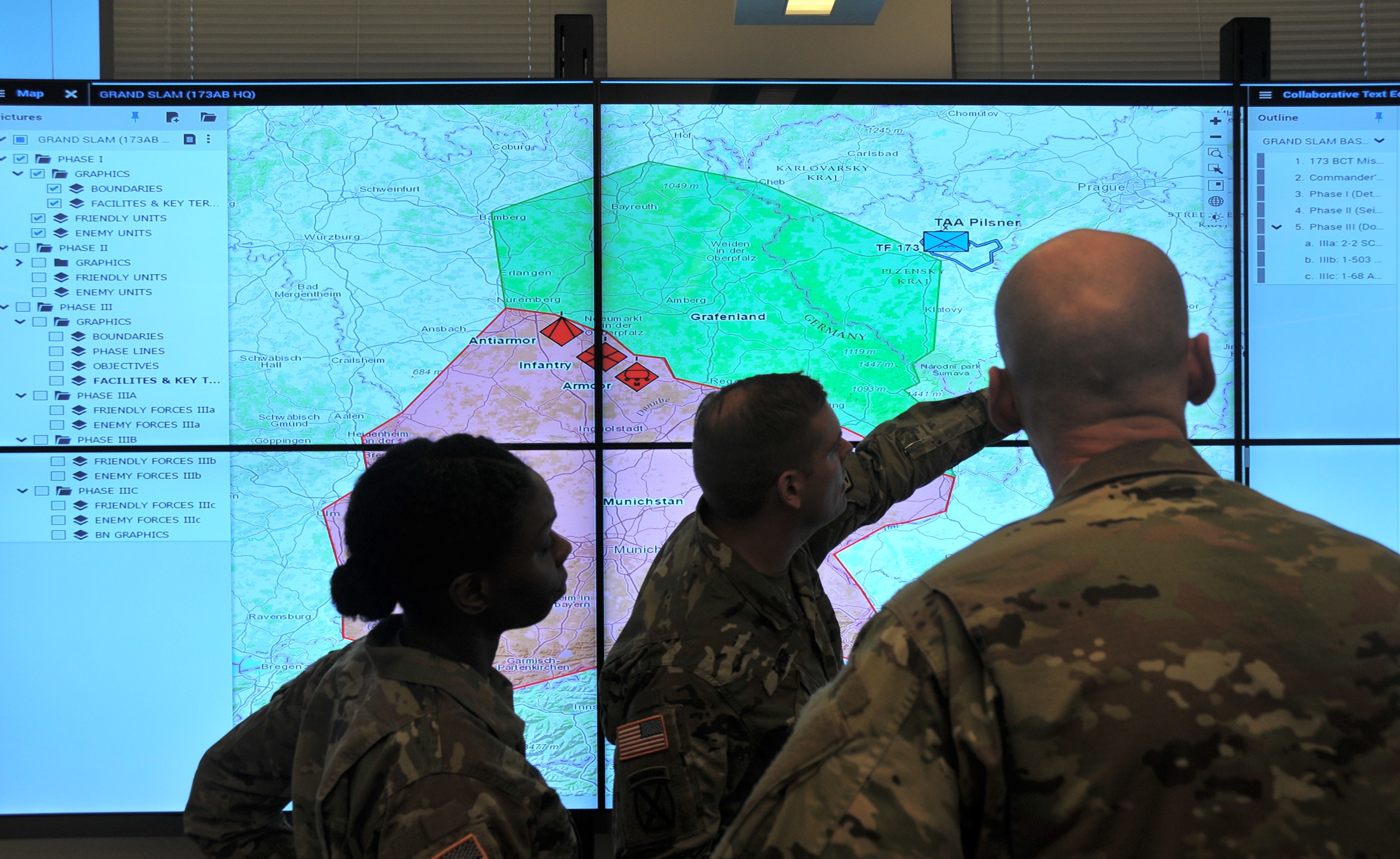 Soldiers demonstrate the Command Post Computing Environment prototype at Aberdeen Proving Ground, Maryland, on May 16, 2017. The CP CE infrastructure, consisting of a new single tactical server infrastructure plus a common software baseline, will provide Soldiers an underlying core CP system upon which additional warfighting functionality can be built. (U.S. Army photo by Dan Lafontaine) 