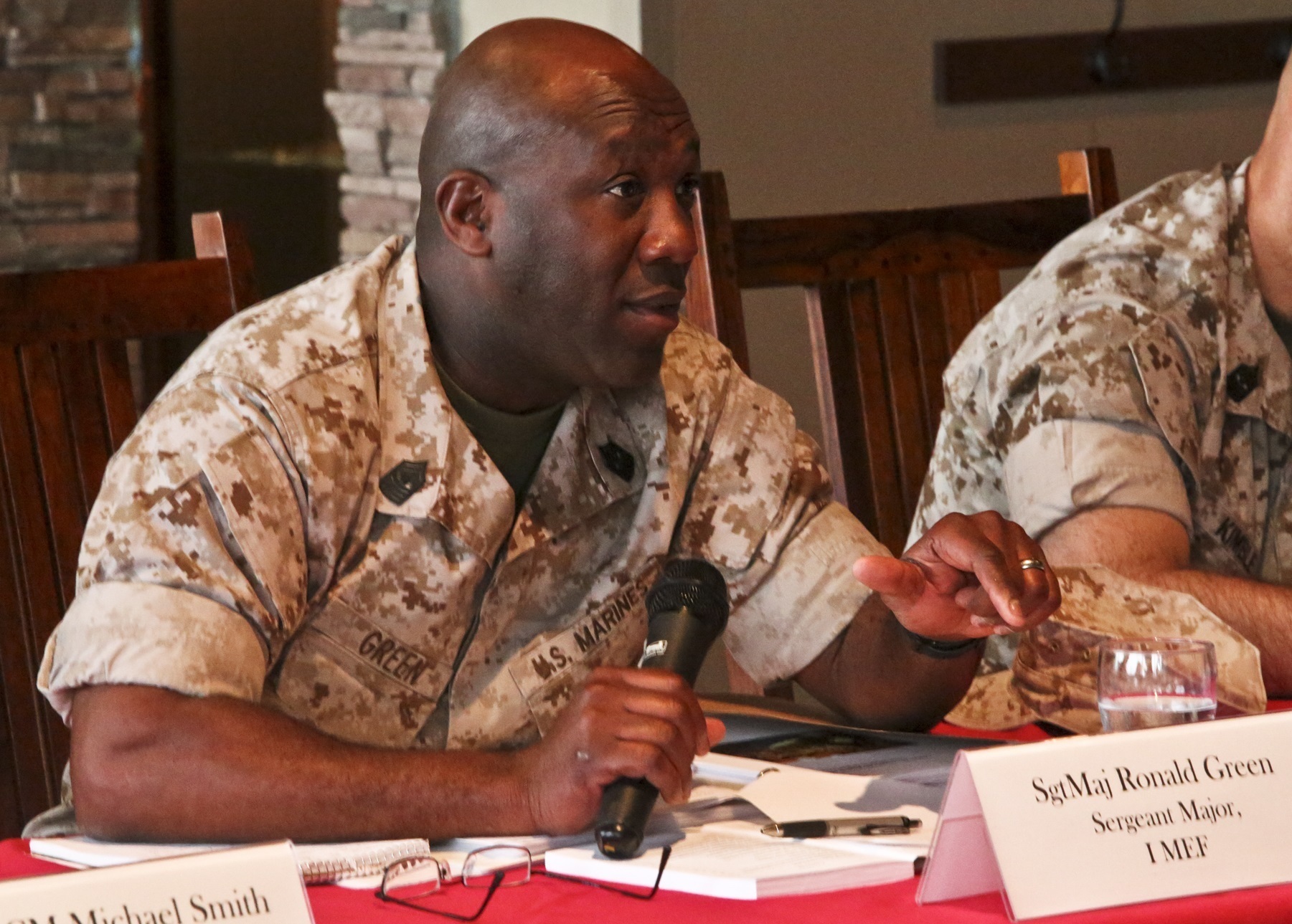 Sgt. Maj. Ronald Green, sergeant major for I Marine Expeditionary Force, expresses his ideas to representatives of the Department of Defense Military Compensation and Retirement Modernization Commission aboard Camp Pendleton, Calif., March 25. The Commission's goal is to update programs and resources to fit the changing needs of service members.