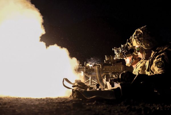 Soldiers assigned to Combined Joint Task Force-Horn of Africa’s East African Response Force, fire M240 weapons systems and practice bounding movements in November 2017 in Djibouti, Africa. Night vision capabilities, which use the infrared spectrum to see in the dark, have evolved from bulky, long exposure cameras to portable goggles and rifle sights that Soldiers can use easily and reliably. (U.S. Air Force photo by Senior Airman Erin Piazza, Combined Joint Task Force – Horn of Africa Combat Camera)