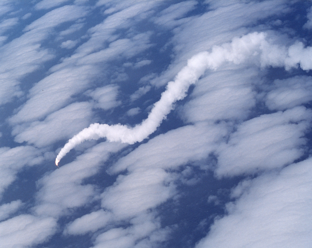 NASA’s X-43A hypersonic research aircraft and its modified Pegasus booster rocket spiral into the Pacific Ocean off the California coast in June 2001. After being released from NASA's NB-52B carrier aircraft, the X-43A and the Pegasus booster, which was supposed to accelerate the X-43A to Mach 7, lost control about eight seconds after ignition of the Pegasus rocket motor. Explosive charges were triggered to terminate the flight, which was part of NASA’s research into alternative uses for hypersonic flight. (Photo by Jim Ross/NASA via Getty Images)