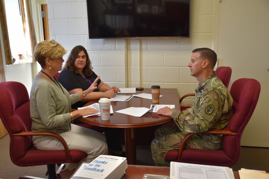 Bailey Berst Parker meeting: USAMMDA commander Col. Ryan Bailey (right) meets with Kathleen Berst, USAMMDA deputy for acquisition (center), and Christine Parker, acting project manager for USAMMDAs Medical Devices--Advanced Development Project Management Office. (Photo by Ashley Force, USAMMDA public affairs) DATE: July 20, 2018.