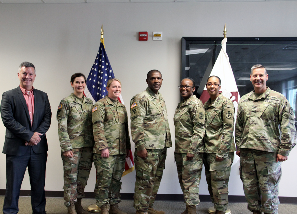 USAMMDA_USAMMA AIP graduation: The 2018 graduating class of the joint Program Management–Acquisitions Internship Program of the USAMMDA and the U.S. Army Medical Materiel Agency, Fort Detrick, Maryland. From left to right: Dr. Tyler Bennett, deputy to the commander for acquisition, USAMMA Col. Lynn Marm, USAMMA commander Maj. Janessa R. Moyer Maj. Jeffrey L. Brown Capt. Efther V. Samuel Maj. Amber L. Smith and Col. Ryan Bailey, USAMMDA commander. Capt. Amanda L. Roth was not present for photo. (Photo by Gregory Pugh, USAMMA public affairs) DATE: July 20, 2018