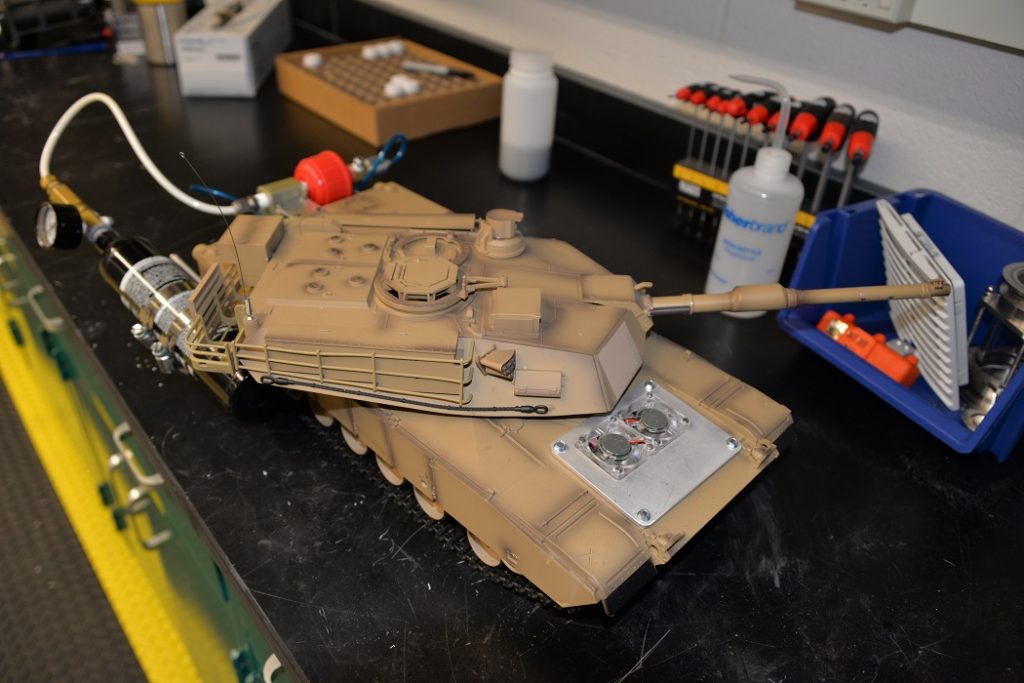 A remote-controlled tank at ARL, powered by hydrogen-electric fuel, awaits demonstration. Fuel systems like this one eliminate the need for high-pressure hydrogen canisters that can pose an extreme hazard on the battlefield if ruptured.