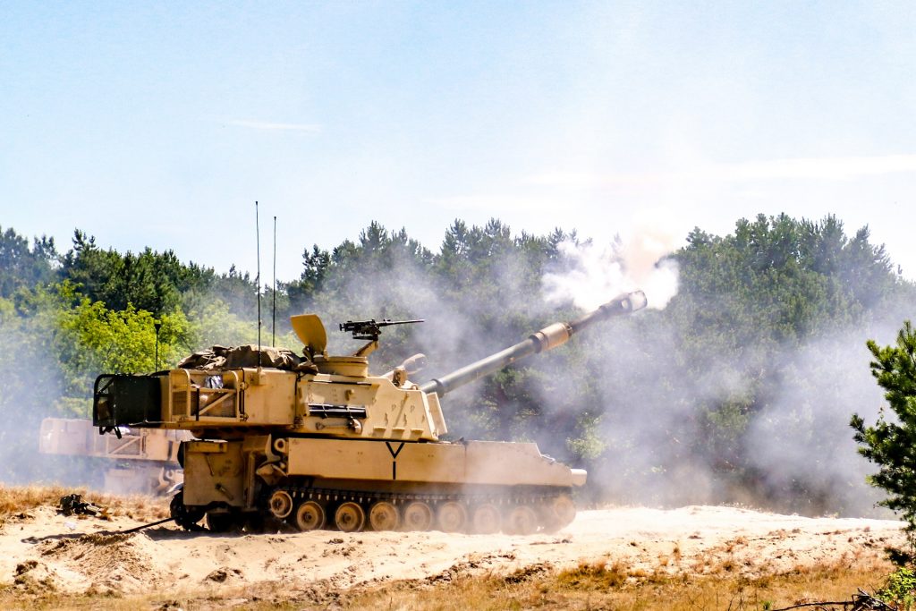 An M109A6 Paladin belonging to the 1st Battalion 82nd Field Artillery Regiment conducts a t fire mission in Torun, Poland while conducting Battery qualifications. The Battalion is part of the 1st Armored Brigade Combat Team, 1st Cavalry Division training in support of Atlantic Resolve.