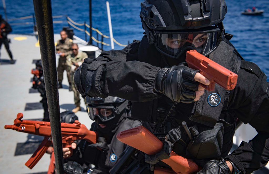 180506-N-UY653-182 MEDITERRANEAN SEA (May 6, 2018) Moroccan Royal Navy sailors participate in visit, board, search and seizure training aboard the Tunisian Navy MNT Khaireddine during exercise Phoenix Express 2018. Phoenix Express is sponsored by U.S. Africa Command and facilitated by U.S. Naval Forces Europe-Africa/U.S. 6th Fleet, and is designed to improve regional cooperation, increase maritime domain awareness information sharing practices, and operational capabilities to enhance efforts to achieve safety and security in the Mediterranean Sea. (U.S. Navy photo by Mass Communication Specialist 2nd Class Ryan U. Kledzik/Released)