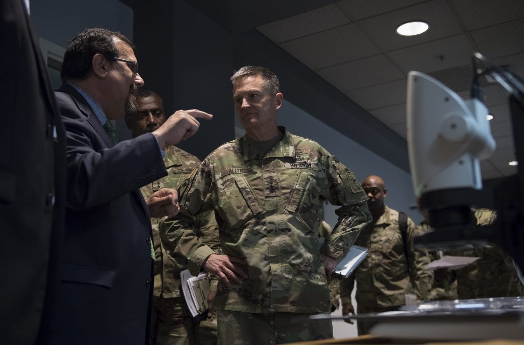 Perconti speaks with Gen. Daniel B. Allyn, then-vice chief of staff of the Army, during Allyn’s April 2017 visit to ARL. ARL was established in 1992 to focus on gathering and generating land warfare technologies needed by the Army. With the recent stand-up of the Army Futures Command, ARL will focus on high-risk, high-payoff research to support S&T across the new command and represent its S&T interests worldwide. (U.S. Army Research Laboratory photo)