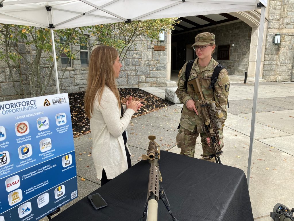 FULLY ENGAGED: Cheryl Bielamowicz, left, a system engineer from PEO Soldier, represented the Army Acquisition Workforce at Branch Week. (Photos courtesy of Maj. Timothy Demerath, USAASC)