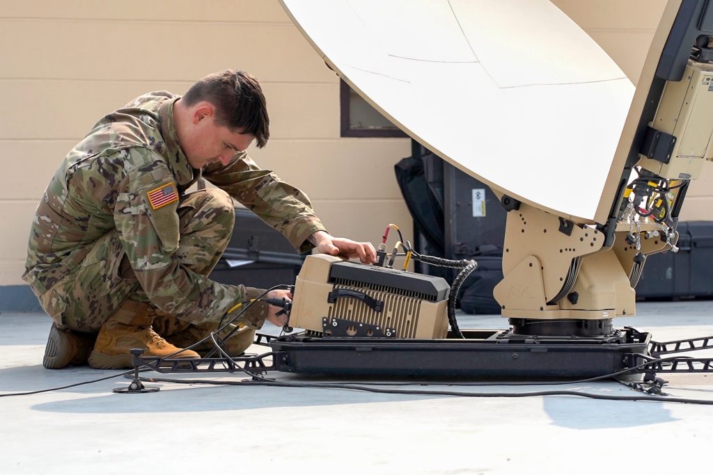 BUILDING BETTER BANDWITH: A Soldier from the 307th Expeditionary Signal Battalion – Enhanced, 516th Signal Brigade, sets up a Scalable Network Node, at Joint U.S. Military Advisory Group, Thailand and Camp Red Horse in Thailand during the unit’s participation in Exercise Cobra Gold 2023. The Soldiers are providing critical network access and support, allowing American and allied partners to communicate securely. (Photo by 311th Signal Command (Theater) Public Affairs)