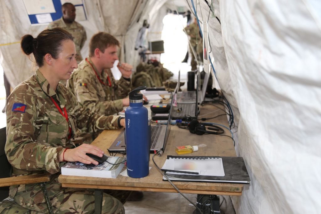 ARMY OF 2030 AND BEYOND: Soldiers from the 3rd (United Kingdom) Division support the U.S. Army multinational Warfighter Exercise (WfX) 23-4, at Fort Hood, Texas, on April 19 and continued to build upon advancements in the implementation of an expeditionary interoperable coalition mission partner environment to meet current network, intelligence, fires and sustainment objectives and those of the Army of 2030 and beyond. (Photo by Amy Walker, Project Manager Tactical Network, PEO C3T Public Affairs)