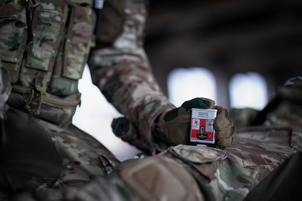 RESCUE TREATMENT: The naloxone autoinjector is a rescue treatment that will counteract the adverse effects from exposure to opioids and allows impacted service members to remain ambulatory to move to higher levels of care. (Photo provided courtesy of Kaléo, Inc.)