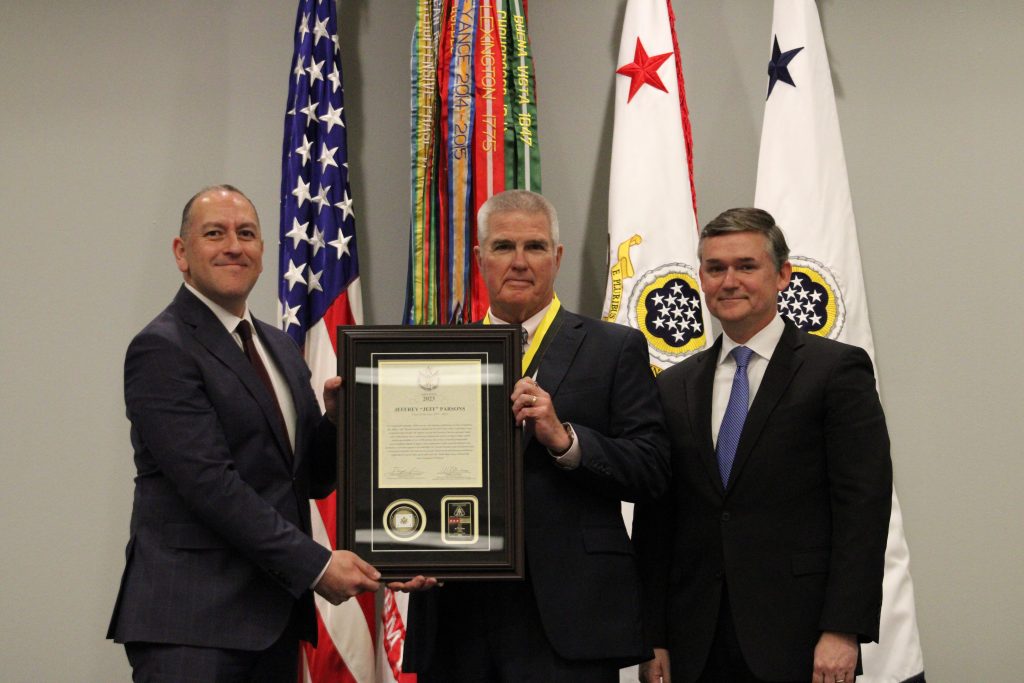 From left, Under Secretary of the Army Gabe Camarillo, Jeff Parsons and Douglas R. Bush, assistant secretary of the Army for acquisition, logistics and technology, took part in the 2023 induction ceremony. Parsons was inducted into the Army Acquisition Hall of Fame in acknowledgment of his federal service from 1977 to 2011 and his pivotal contribution to the transformation of the Army Contracting Command.