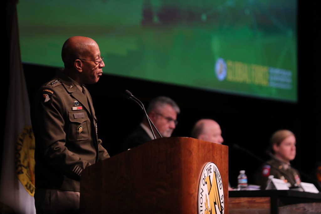 LEAD THE WAY Gen. Charles Hamilton, commander, Army Materiel Command, gives opening remarks for the Contemporary Military Forum on “Sustaining the Army of 2040” at the Association of the U.S. Army Global Force Symposium, March 29, 2023. Hamilton and AMC have been tasked with leading the Army’s strategy for contested logistics. (Photo by Eben Boothby, U.S. Army Materiel Command) 