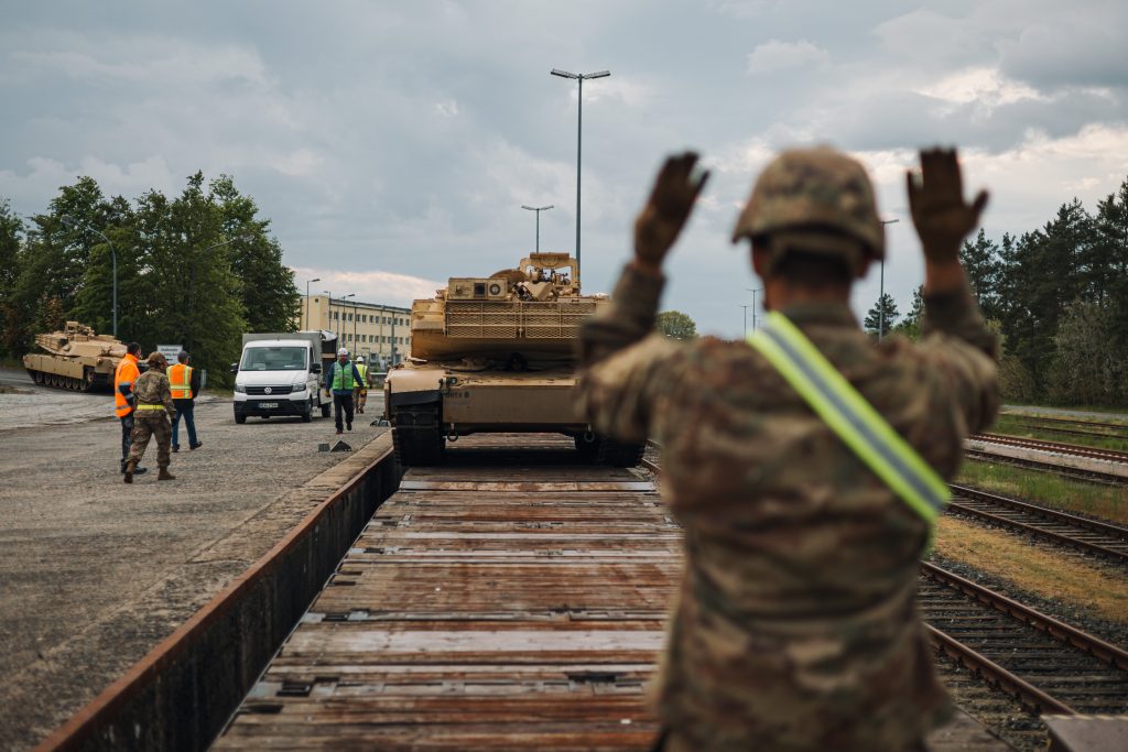 TRAINING IN SESSION Soldiers offload U.S. M1A1 Abrams tanks in Grafenwoehr, Germany, May 2023. Logistics and sustainment operations are critical to warfighting. (Photo by Spc. Christian Carrillo, 7th Army Training Command)