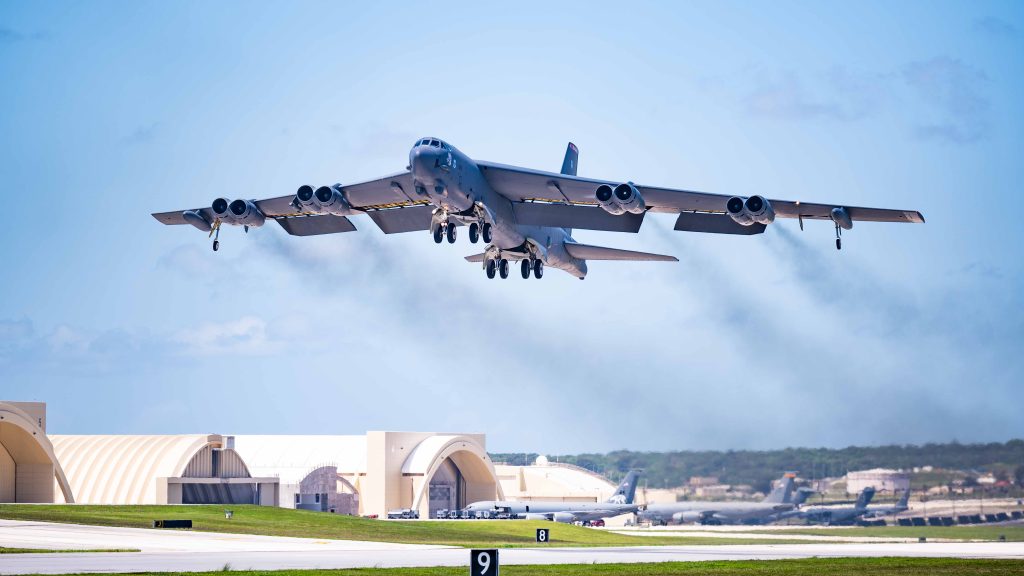 TAKING FLIGHT: A B-52 assigned to the 2nd Bomb Wing at Barksdale Air Force Base, Louisiana, takes off from Andersen Air Force Base in Guam, in support of a Bomber Task Force mission in April 2023. (Photo by Airman 1st Class William Pugh, Pacific Air Forces)