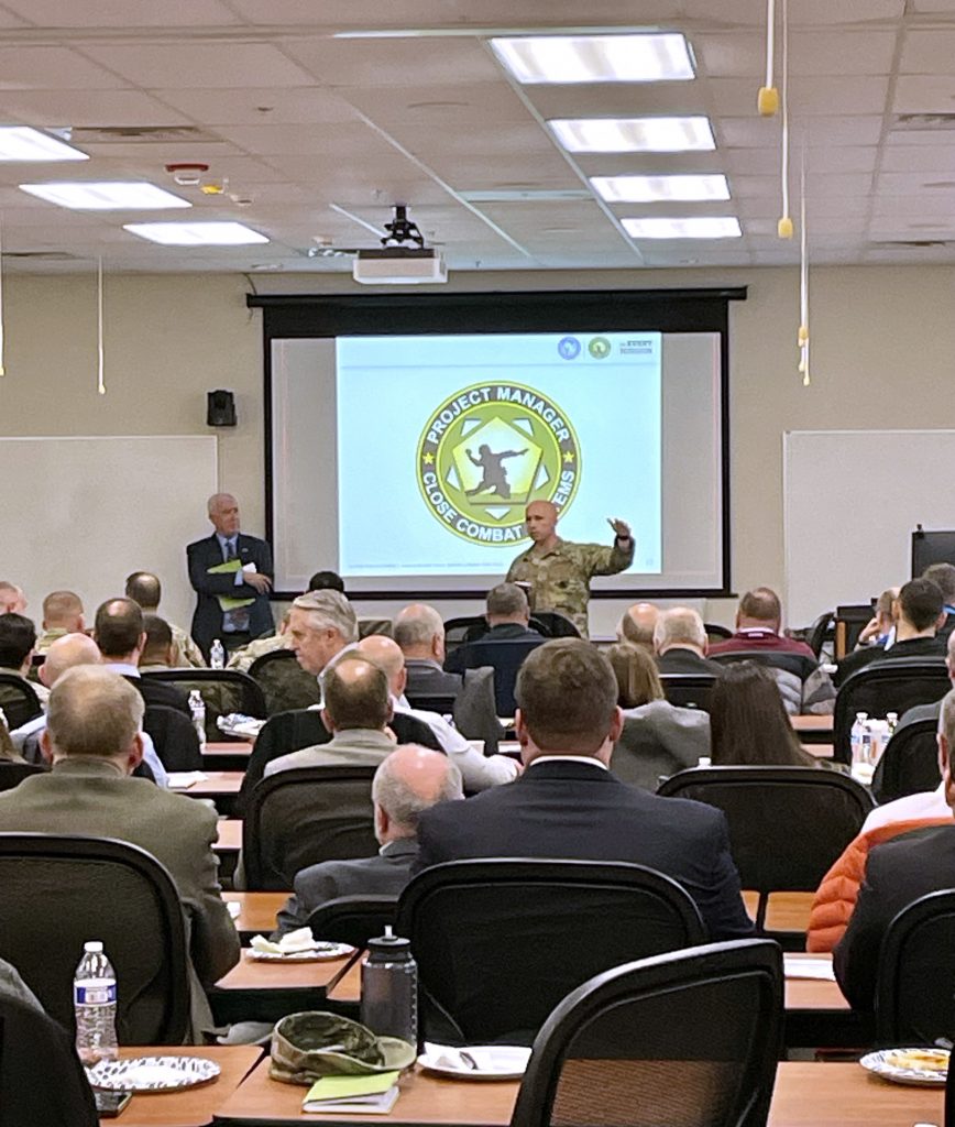 SETTING THE STAGE: Maj. Thomas Fite, assistant product manager for PM CCS, welcomes industry partners and government organizations to the XM123 GOBLN and Demolition Reformation Industry Day hosted at Picatinny Arsenal, New Jersey, in January 2024. (Photo by Jeanie Fortunato, PM CCS)