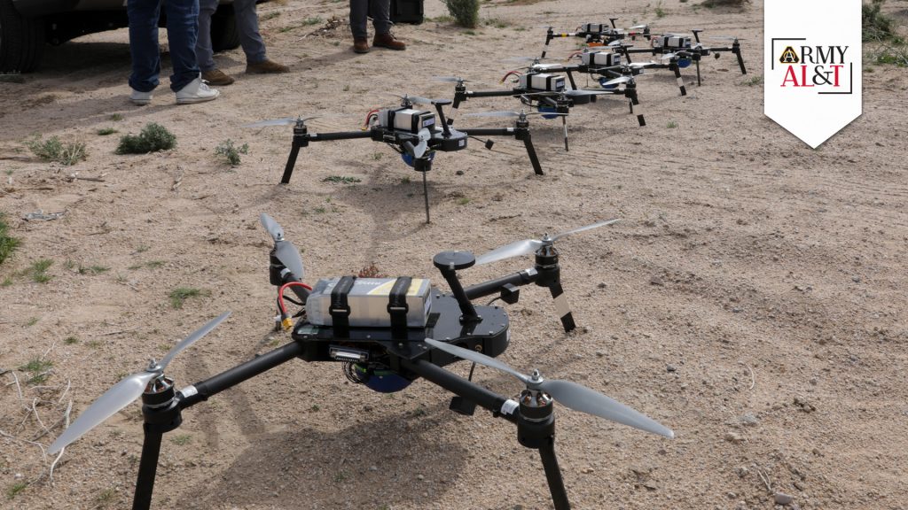 READY FOR BLITZ HIVE unmanned aircraft systems prepare to take flight during Project Convergence – Capstone 4 at Fort Irwin, California, in March 2024. Small UAS weigh less than 1,320 pounds and travel at speeds less than 250 knots. (Photo by Sgt. Gianna Chiavarone, 24th Theater Public Affairs Support Element)