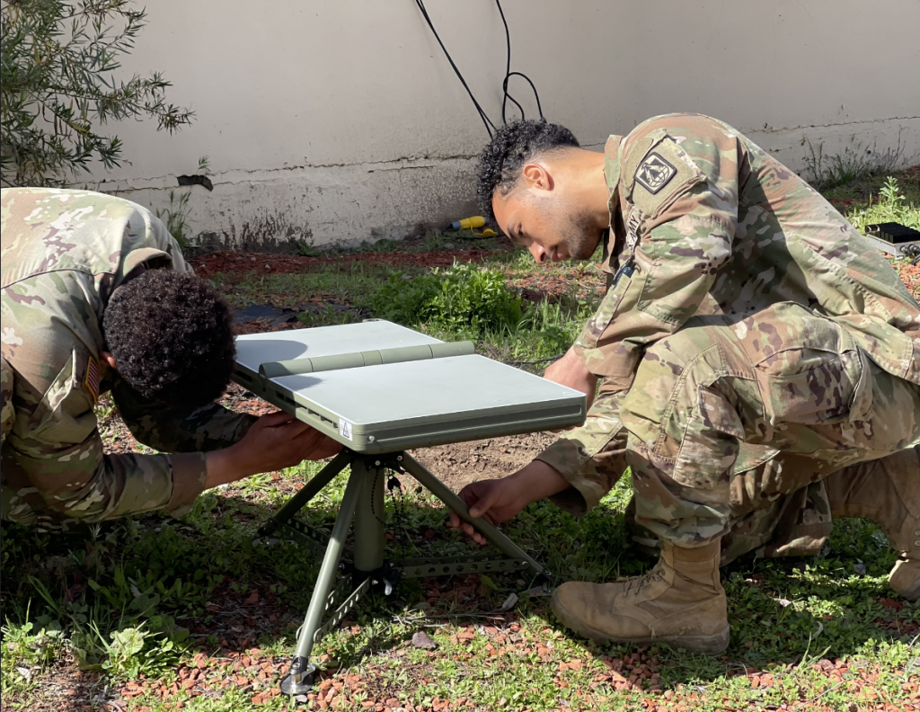 BASE OF OPERATIONSSoldiers from the 86th Expeditionary Signal Battalion, 11th Corps Signal Brigade (CSB) and 11th CSB Network Operations take part in new equipment training in February 2023 at Camp Pendleton, California, as part of the Army’s SaaMS pilot program. (Photo by CW3 Nathan Paquette and CW2 Tim Gass, 11th CSB) 