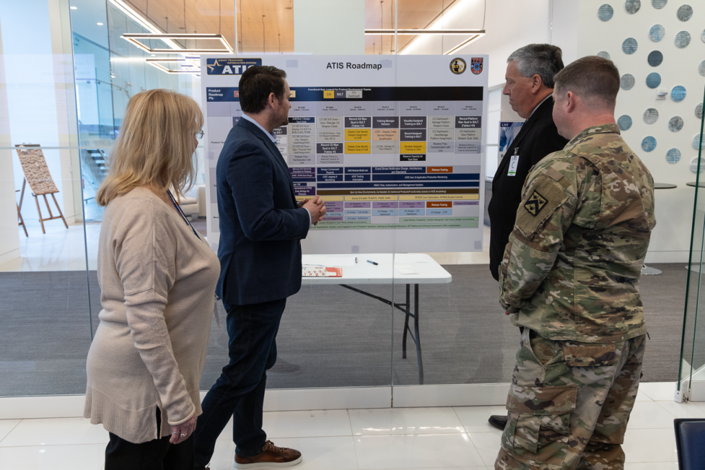 ON THE MAP: Melissa Lee and John Tato, left, brief U.S. Army Training and Doctrine Command ATIS Proponent Office leaders Col. Kevin Riley and Dave Bolt on the program’s road map during the program increment planning event in March 2024.