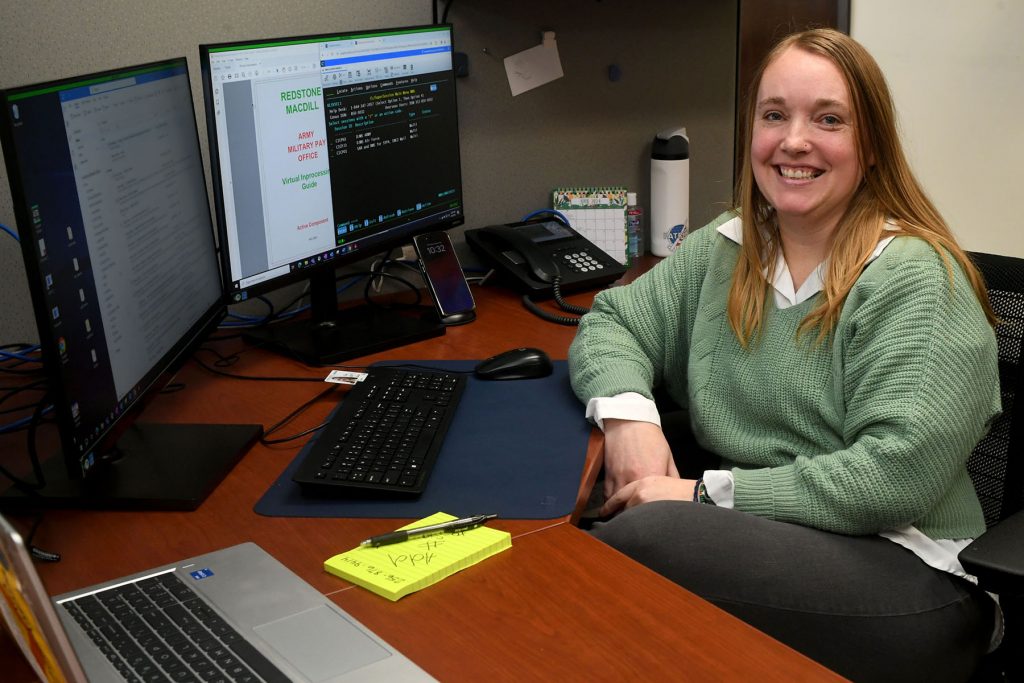 YOU ARE THE KEY: When it comes to career development, you are the best person to select a path. Whitney Hartwell, military pay technician, at Redstone Arsenal, Alabama, March 2024. (Photo by Eric Schultz, U.S. Army Financial Management Command)