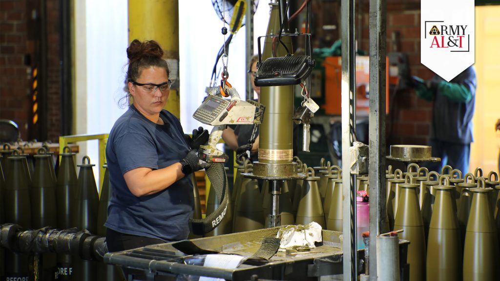 PACK OUT An IAAAP employee prepares 155 mm rounds for load, assemble and pack, May 15, 2024. (Photo by Dori Whipple, Joint Munitions Command, Public and Congressional Affairs)