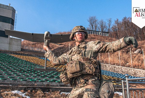 SHOULDERING THE BURDEN Sgt. Elijah Tovar with the 2nd Squadron of the 3rd Cavalry Regiment Fox Crew, prepares to launch an RQ-11 Raven drone to conduct surveillance in the training area and locate possible targets during Freedom Shield 24, March 14, 2024, in South Korea. (Photo by Spc. Victoria Morgan, 100th Mobile Public Affairs Detachment)