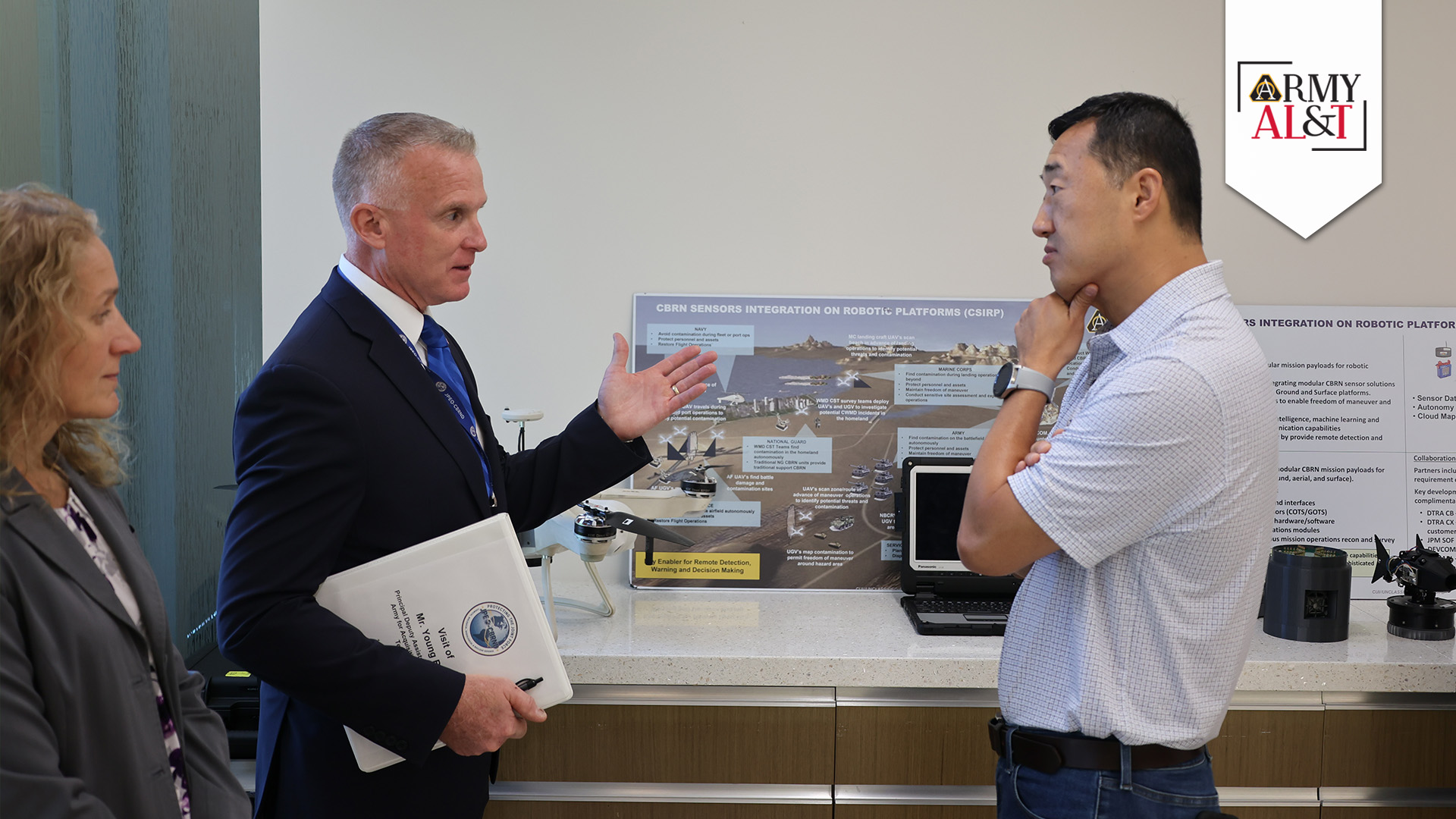 A LOOK INSIDE Young Bang, principal deputy assistant secretary for the Army for acquisition, logistics and technology joins Darryl Colvin, joint program executive officer for chemical, biological, radiological and nuclear defense for a walkthrough demonstration of Joint Program Executive Office for CBRND capabilities at Aberdeen Proving Ground, Maryland, in August 2023. (Photo by Matthew Gunther, JPEO-CBRND)