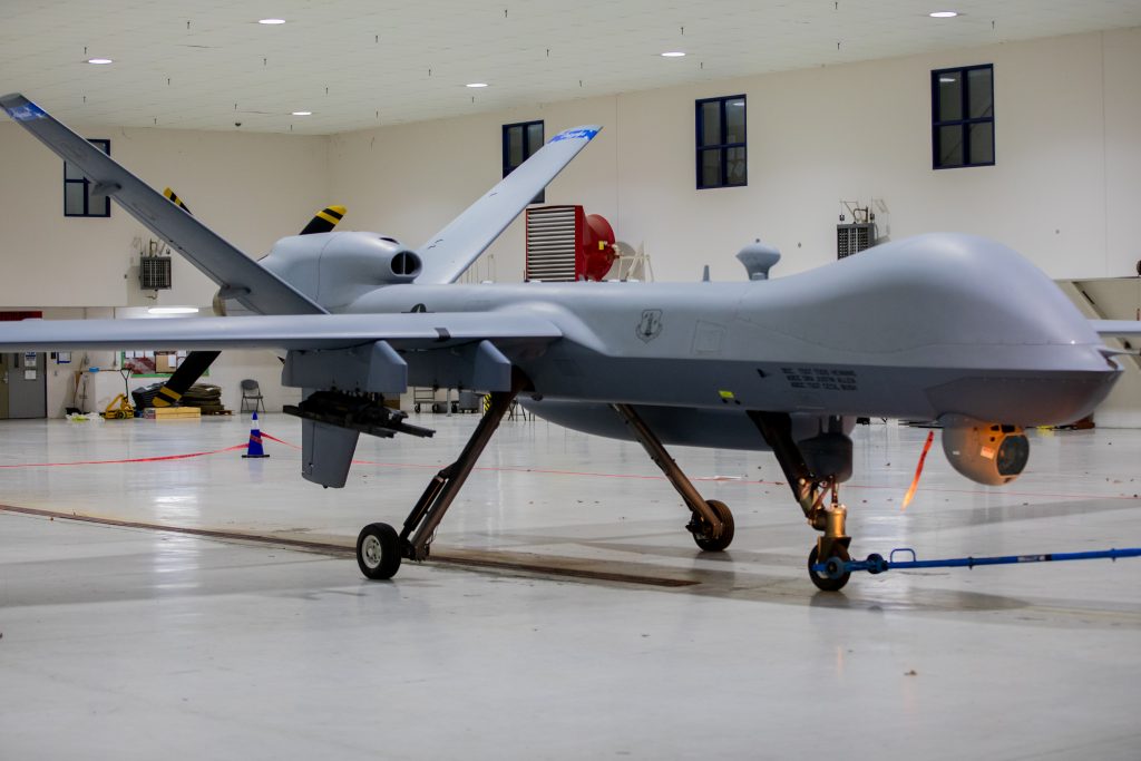 REAPING BENEFITS: A remotely piloted MQ-9 Reaper from the 163rd Attack Wing sits in a 178th Wing hanger on Springfield-Beckley Air National Guard Base, Ohio, March 12, 2024. (Photo by Staff Sgt. Thomas Moeger, U.S. Army National Guard)