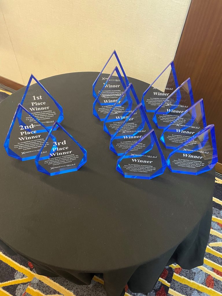 FINAL TWELVEThe twelve awards displayed on a table beside the stage at the xTech Scalable AI award ceremony at AUSA in Washington, Oct. 16, 2024. (Photo by Holly Comanse, USAASC) 