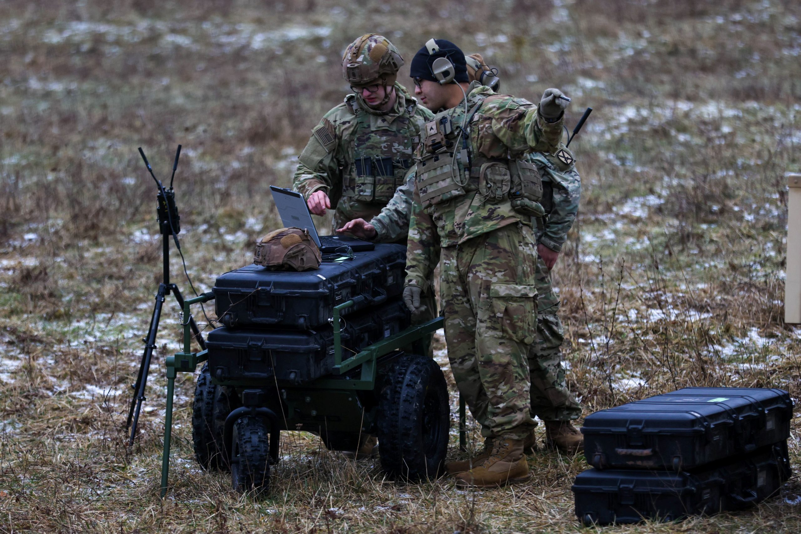 MAINTAINING SOLDIER READINESS: Soldiers assigned to 3rd Brigade, 10th Mountain Division monitor footage from an Anduril Ghost-X Medium-Range Reconnaissance drone during exercise Combined Resolve 25-1 at the Joint Multinational Readiness Center, Hohenfels, Germany, on January 15, 2025. Embedded training allows Soldiers to learn by doing, resulting in operational efficiency and enhanced readiness. (Photo by Sgt. Chandler Coats, 5th Mobile Public Affairs Detachment)