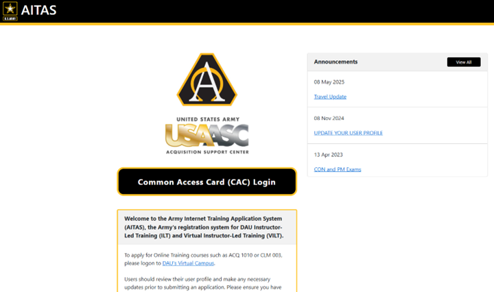 The AITAS is the Army’s registration system for DAU Instructor Led Training and Virtual Instructor Led Training courses.