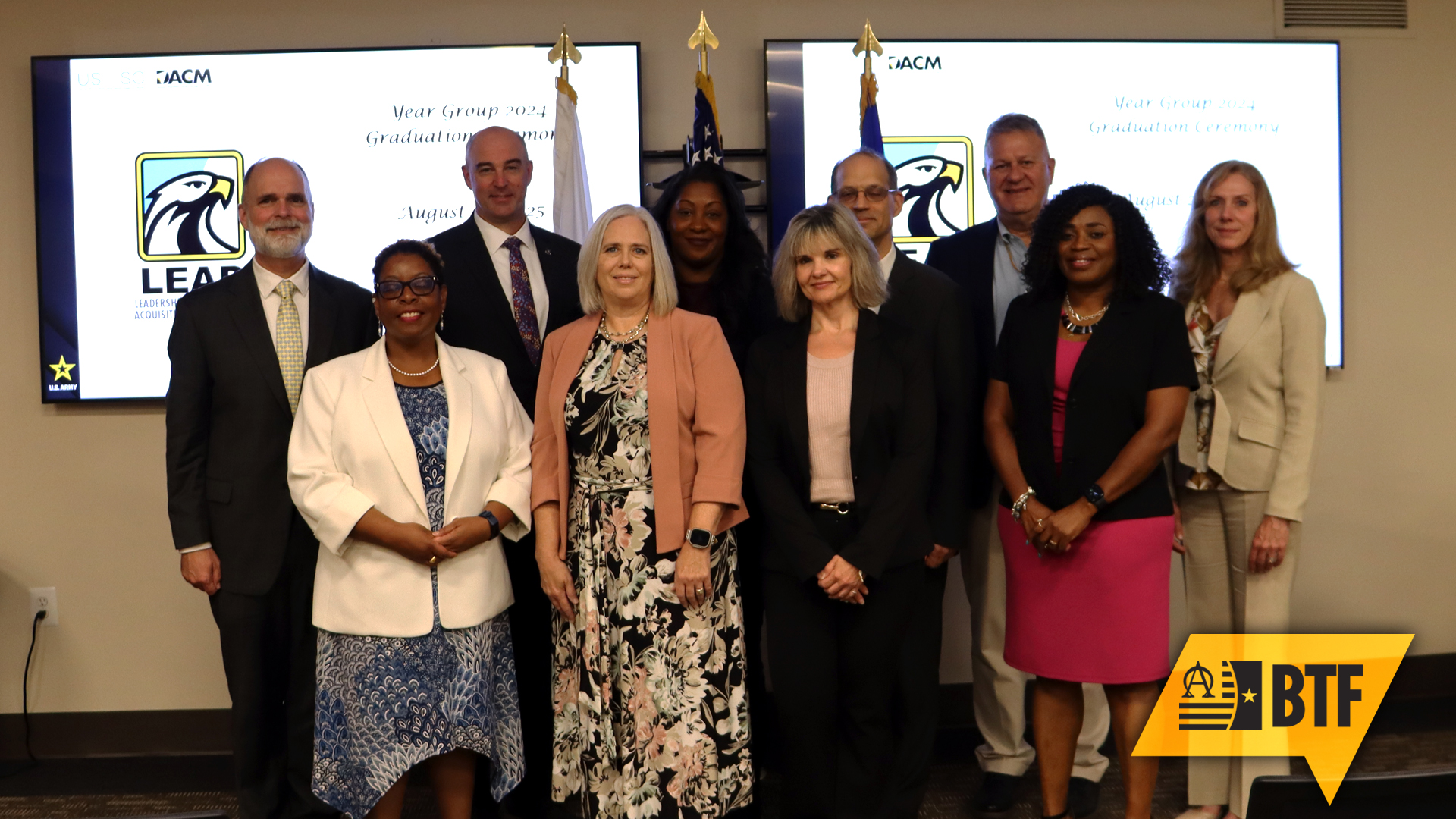 Six Army Acquisition Workforce members graduated from the DACM’s LEAD program in a ceremony held on August 20, 2025, at the Defense Acquisition University, Fort Belvoir, Virginia. From back left, Joseph Neumann, Army Contracting Command - Detroit Arsenal; James Smith, PEO Enterprise; Melissa Pitts, JPEO CBRND; Marty Zybura, deputy to the Deputy for Acquisition and Systems Management; Ronald R. Richardson Jr., Army DACM; and Vicky DeGuzman, chief of the Workforce Development and Engagement division. From front left, Katrina Harris, PEO Combat Support and Combat Service Support; Jessica Gregis, PEO Command, Control, Communications and Network; Callie Bounds, JPEO CBRND; and Kim Gibbons, LEAD program manager. (Photos by Rebecca Wright, USAASC)