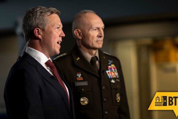 Secretary of the Army Dan Driscoll and Chief of Staff of the Army Gen. Randy A. George talk together before they join “Fox and Friends”