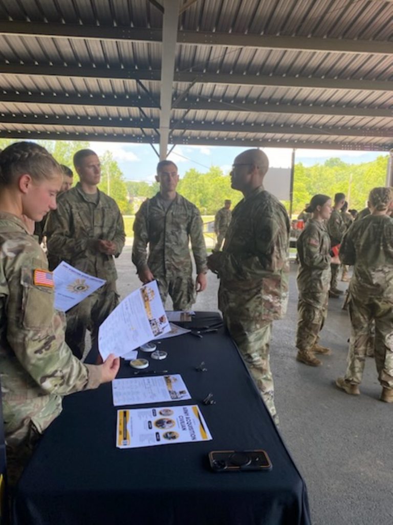 Briefing cadets on the benefits and opportunities of joining the AAW at the annual Cadet Summer Training 2025 event, held at Fort Knox, Kentucky, on July 24, 2025. (Photo provided by Maj. Timothy Hancock)
