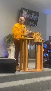 Providing an inspirational message to the church congregation at Refuge Temple Church of God in Christ, on “Rep Your College Sunday” in May 2025, Aberdeen, Maryland. The event was for everyone who went to school or has family in school to wear the school colors or shirt with their insignia. (Photo provided by Maj. Timothy Hancock)