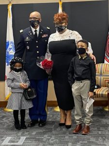 Family photo at Hancock’s promotion to major ceremony at Redstone Arsenal, Alabama, in February 2021. From left is daughter, Trinity; wife, Devin; and son, Tyler. (Photo provided by Maj. Timothy Hancock)