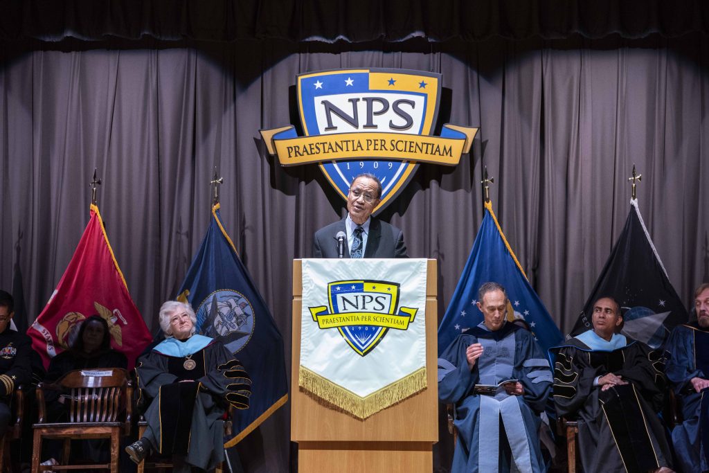 retired U.S. Navy Adm. Cecil D. Haney delivers the keynote address at NPS' 2025 Winter Quarter commencement ceremony.