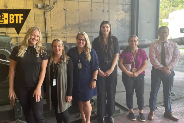 JPEO interns visit the enclosure on Picatinny Arsenal and witness a live-fire demonstration of the M777 howitzer firing 155 mm artillery rounds. From left are Sabrina Borges, Katie Smith, DeAnne Baker, Eva Petronchak, Catrina Casale and Collin Vincent.