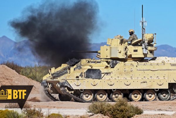 The Bradley Infantry Fighting Vehicle firing the 25 mm M242 chain gun which can be used to engage UAS threats.