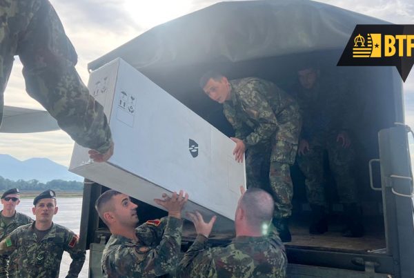 Members of the Albanian Armed Forces receive military equipment from the New Jersey National Guard in Tirana, Republic of Albania, September 14, 2025.