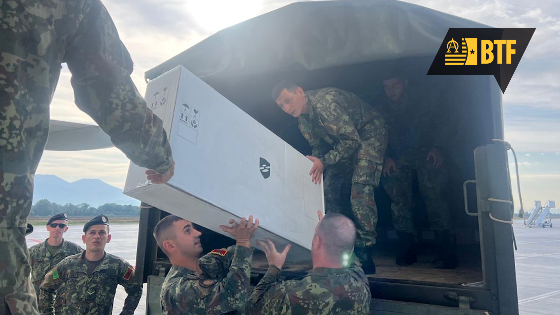Members of the Albanian Armed Forces receive military equipment from the New Jersey National Guard in Tirana, Republic of Albania, September 14, 2025.