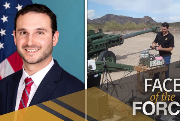 Blenk, right, with Craig Freed, chief engineer of the Enhanced Portable Inductive Artillery Fuze Setter, DEVCOM-AC, conducting a pre-live-fire software check of the Network Assisted Assured Global Positioning System for the programs live-fire demonstration at Yuma Proving Ground, Arizona on November 17, 2016. (Photos courtesy of Thomas Blenk)