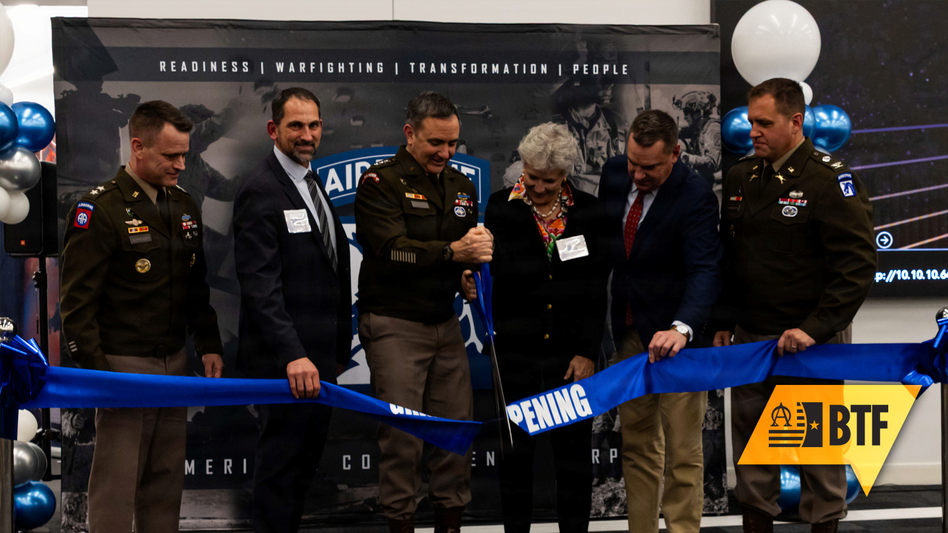 The grand opening of the Lt. Gen. James M. Gavin Joint Innovation Outpost was held on Jan. 23, 2026, on Fort Bragg, North Carolina. The event celebrated not only a new facility but also honors the legacy and vision of innovation that was a key tenet of Lt. Gen. Gavin’s leadership. From left to right, Maj. Gen. Christopher Schneider, Deputy for Acquisition and Systems Management, ASA(ALT); Mr. Robert Braun, Chief Technology Officer, XVIII Airborne Corps; Lt. Gen. Gregory K. Anderson, Commanding General, XVIII Airborne Corps; Chloe Gavin, daughter of Lt. Gen. James M. Gavin; U.S. Rep. Richard Hudson; and Col. Tom Monoghan, Joint Innovation Outpost Director.