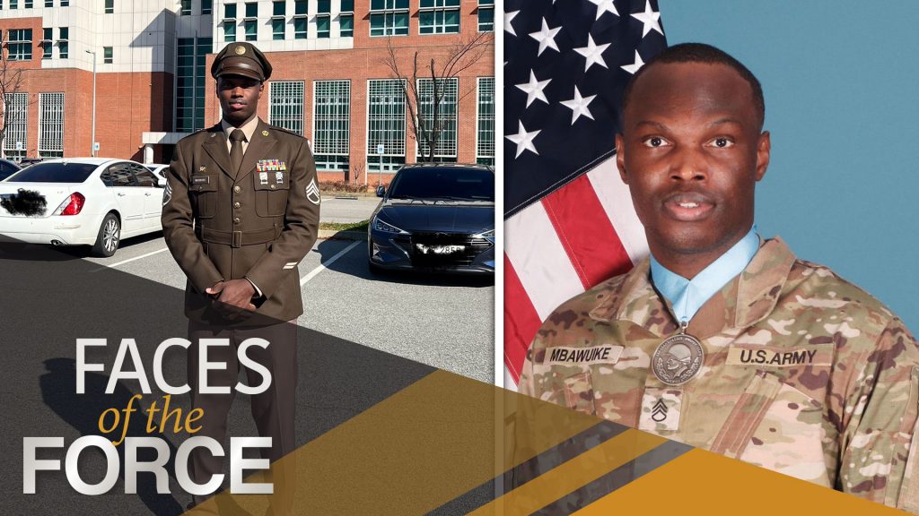 Staff Sgt. Mbawuike Uchechukwu FOTF Featured Image showing Uchechukwu's official headshot (right) and Uchechukwu taking a short break after the 411th CSB Noncommissioned Officer of the Quarter Board at the U.S. Army Corps of Engineers/411th CSB Building at Camp Humphreys Korea, in February 2024 (left).